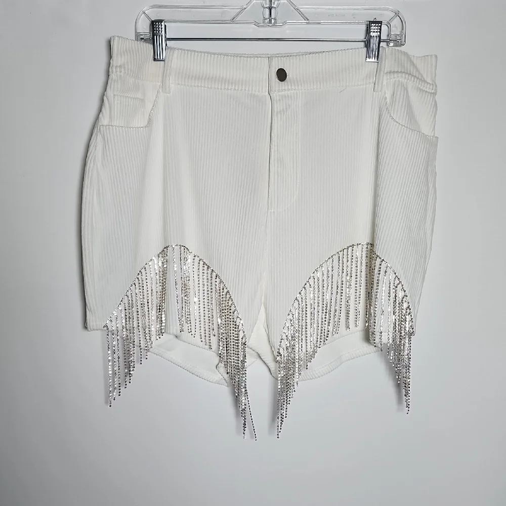 SAVANNA JANE Off White Rhinestone Fringe Ribbed Shorts - Picture 1 of 6